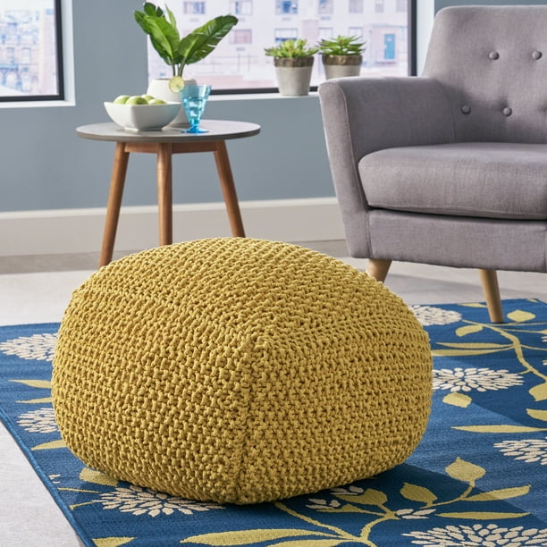 Noble House Knitted Cotton Square Pouf, Yellow