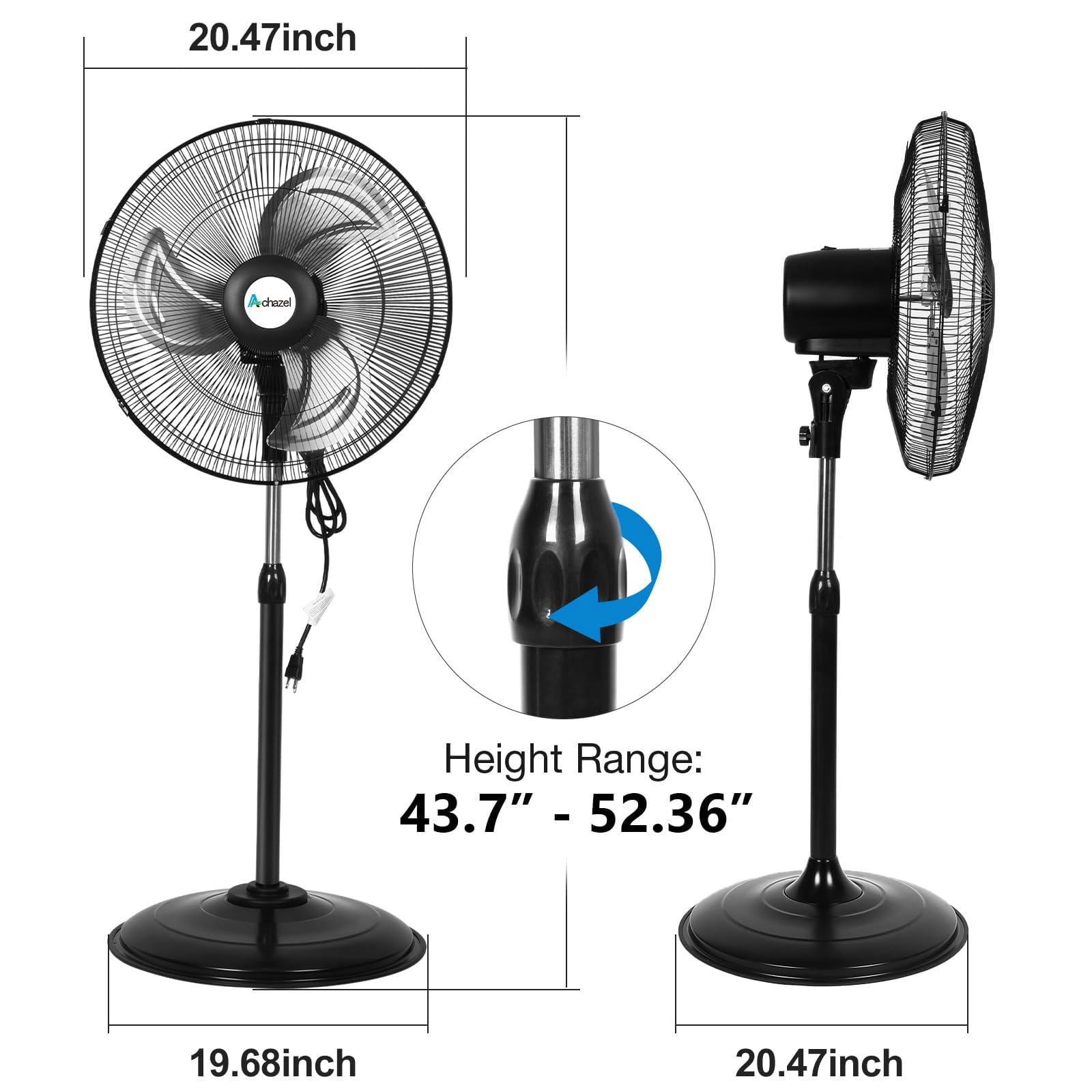 Achazel 18" Oscillating Pedestal Fan, 3 Speeds Heavy Duty Industrial Standing Fan with Aluminum Blades Adjustable Height for Commercial and Garage