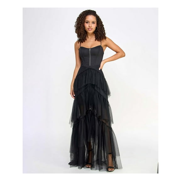 CITY STUDIO Womens Black Zippered Lined Zipper Accent Tiered Ruffles Spaghetti Strap Sweetheart Neckline Full-Length Formal Gown Dress Juniors 1112