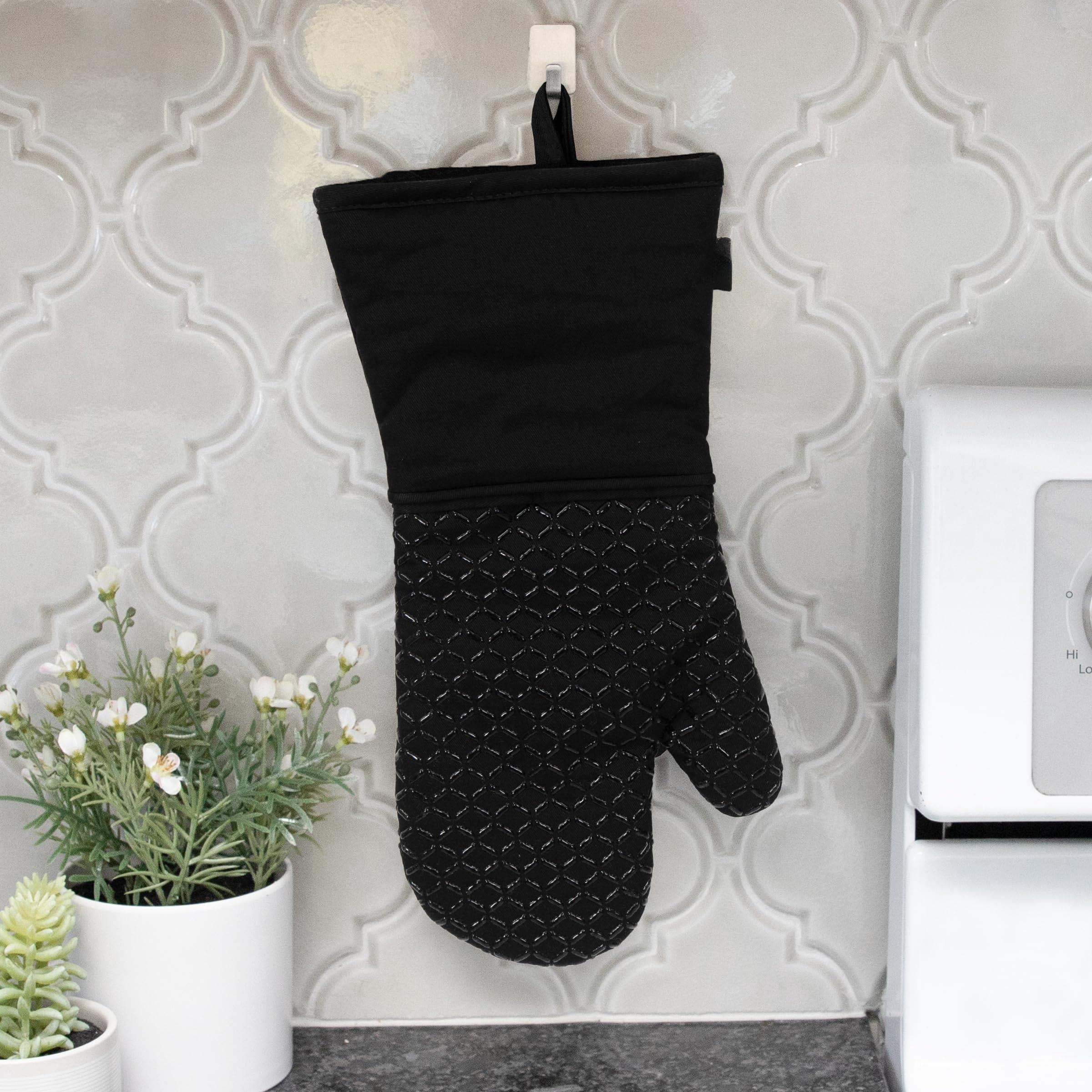 Oven Mitts 14"x7" Black, 2-Pack, Heat Resistant, Cotton with Silicone Grip for Kitchen BBQ