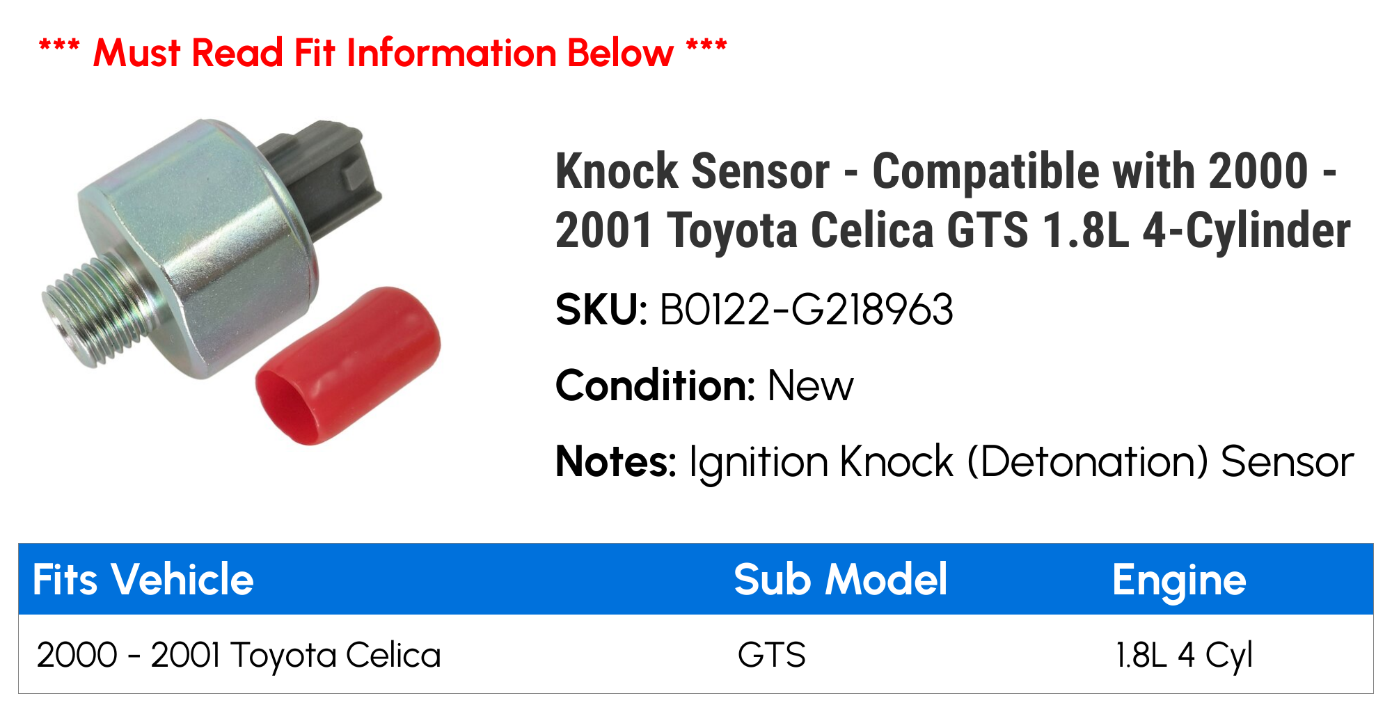 Knock Sensor - Compatible with 2000 - 2001 Toyota Celica GTS 1.8L 4-Cylinder
