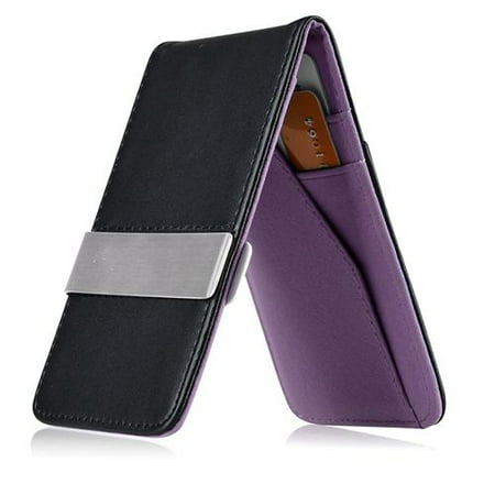 Black/Purple Mens Faux Genuine Leather Silver Money Clip Wallets ID Credit Card Holder (Gift