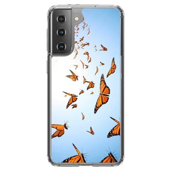 DistinctInk Clear Shockproof Hybrid Case for Galaxy S21 5G (6.2" Screen) - TPU Bumper, Acrylic Back, Tempered Glass Screen Protector - Flying Monarch Butterflies