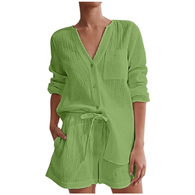 ameIAEA Matching Lounge Sets for Women Long Sleeve Button Down Shirt Drawstring Shorts Set with Pockets