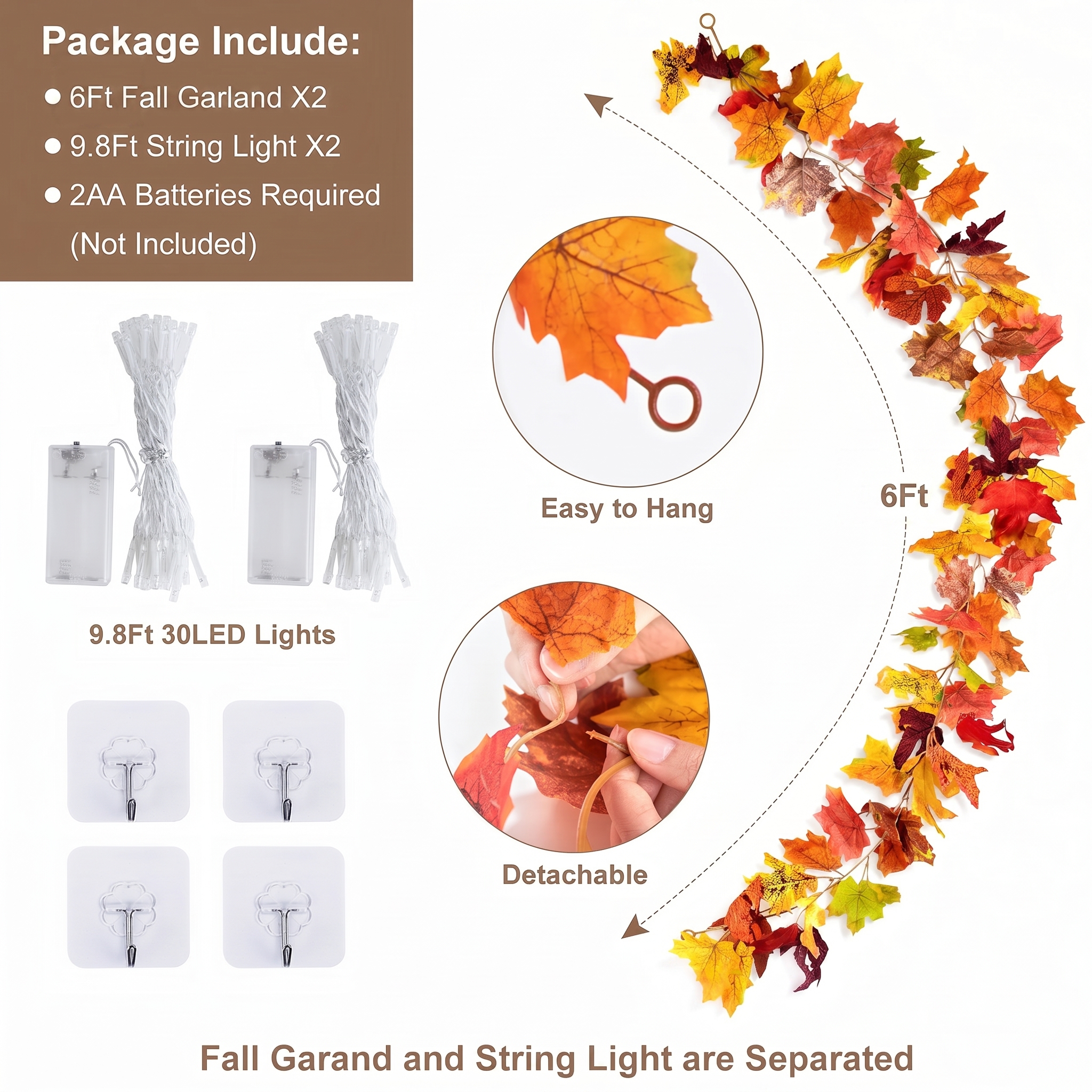 Scidweet Fall Garland with Lights - 2 Pack 60 LED String Lights photo 3