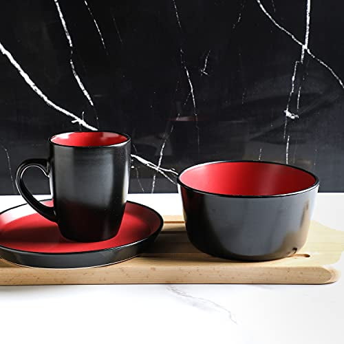 Stone Lain Stoneware Dinnerware Set, Service For 4, Red and Black