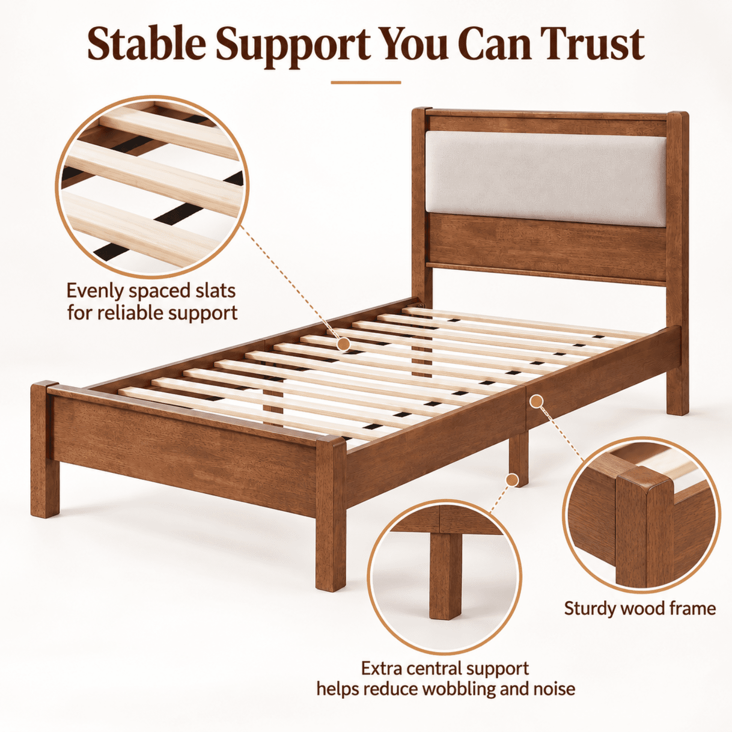 Miniyam Twin XL Rubberwood Platform Bed Frame with Padded Upholstered Headboard, Brown