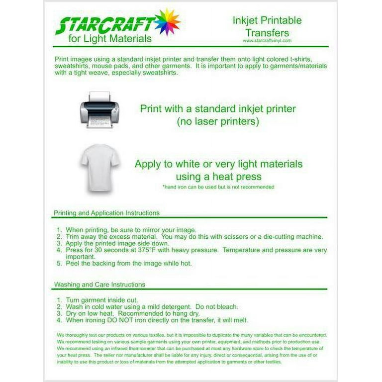 Starcraft Inkjet Transfer Paper for DARK Materials Pack of 10 Sheets Use  With Your Home Inkjet Printer 8 1/2 X 11 