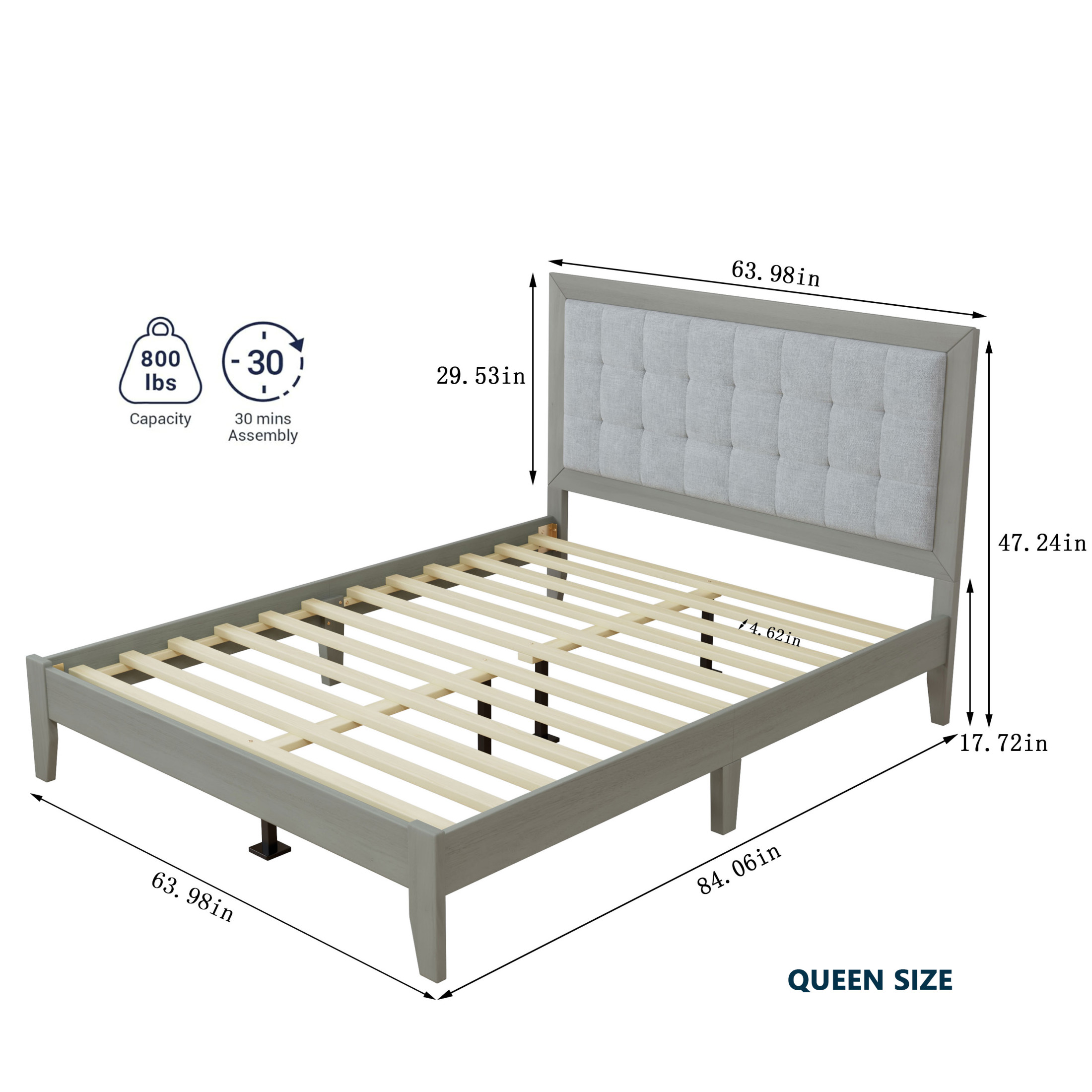 Bohemian Grey Queen Size Bed Frame with Upholstered Tufted Headboard