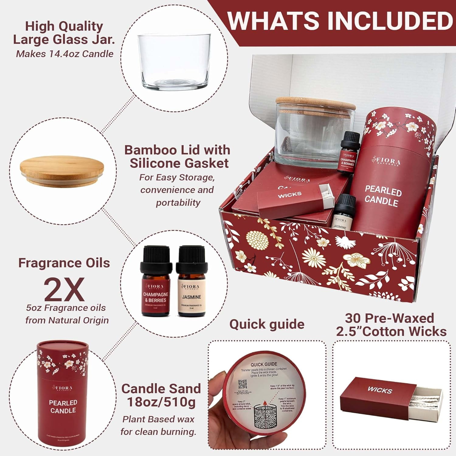 Pearled Candle Sand, 18oz Sand Wax, 30 Wicks, 2X Natural Fragrance Oils + Free Large Glass Jar, Smoke-Free Powder Snow Candles