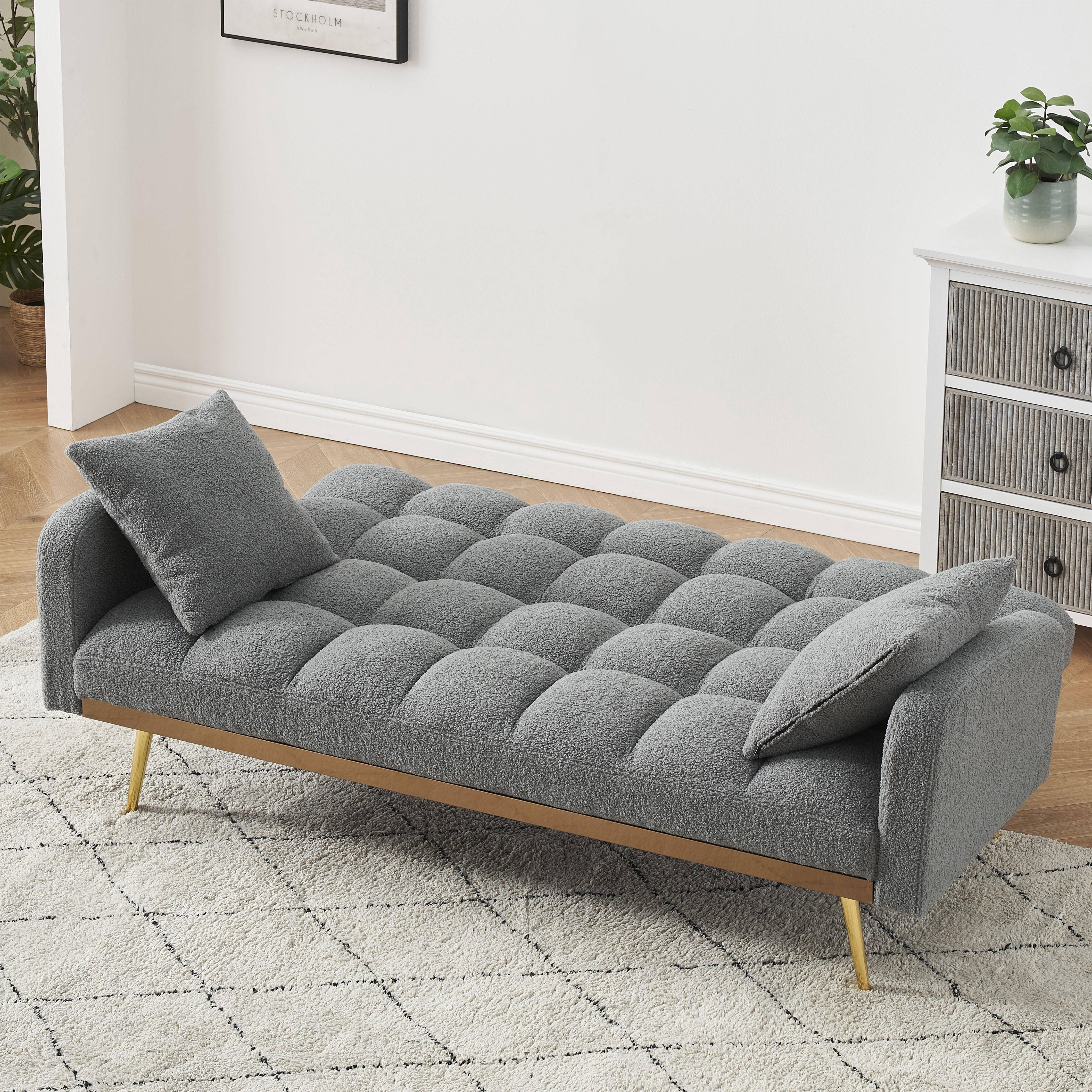 Bianlte Teddy Fleece Futon Sofa Bed Modern Wood Adjustable Reclining Couch with Pillows, Gray/Gold