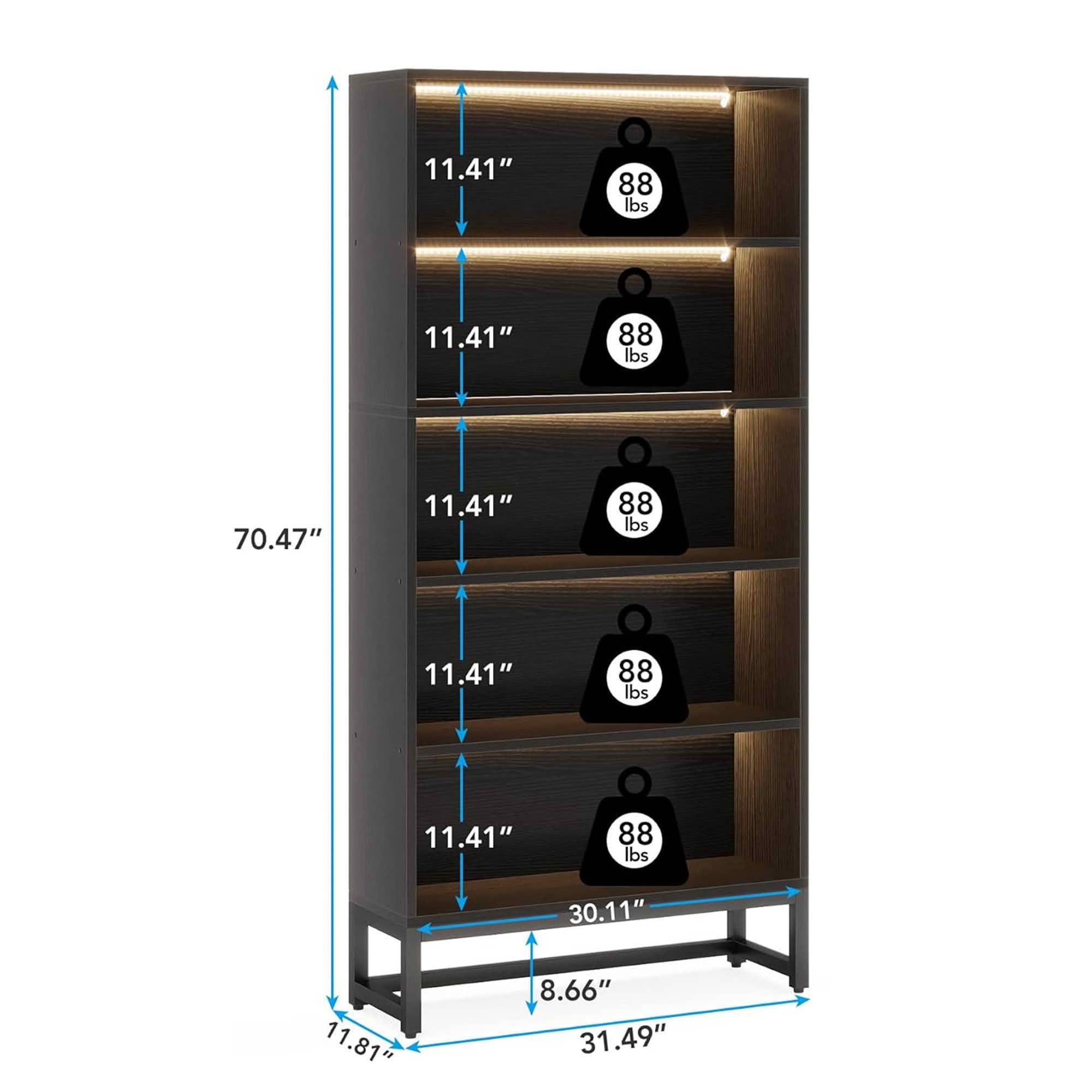 MAYEERTY 70.8 Inch 5-Tier Black Tall Bookcase with APP Controlled LED Lights, Heavy Duty Particleboard Metal Frame Bookshelf Organizer with Anti-Tip Kit for Home Office Living Room