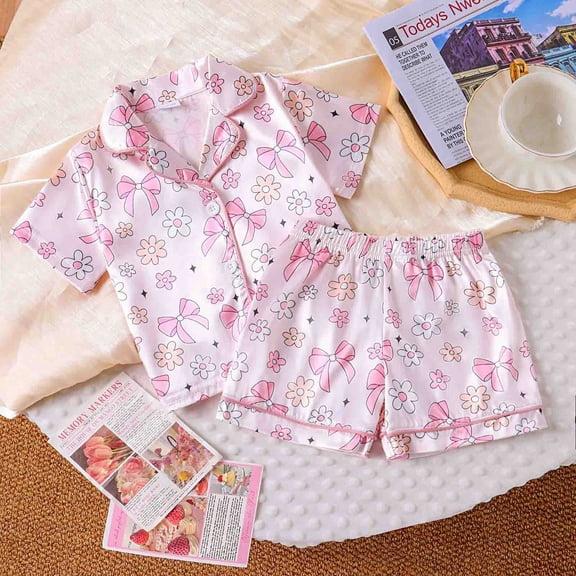 BOOMNY Girls 2 Peice Pajamas Sets Graphic Short Sleeve Sleepwear Tops Pants Pjs Set for Kids Cozy Loungewear Homewear