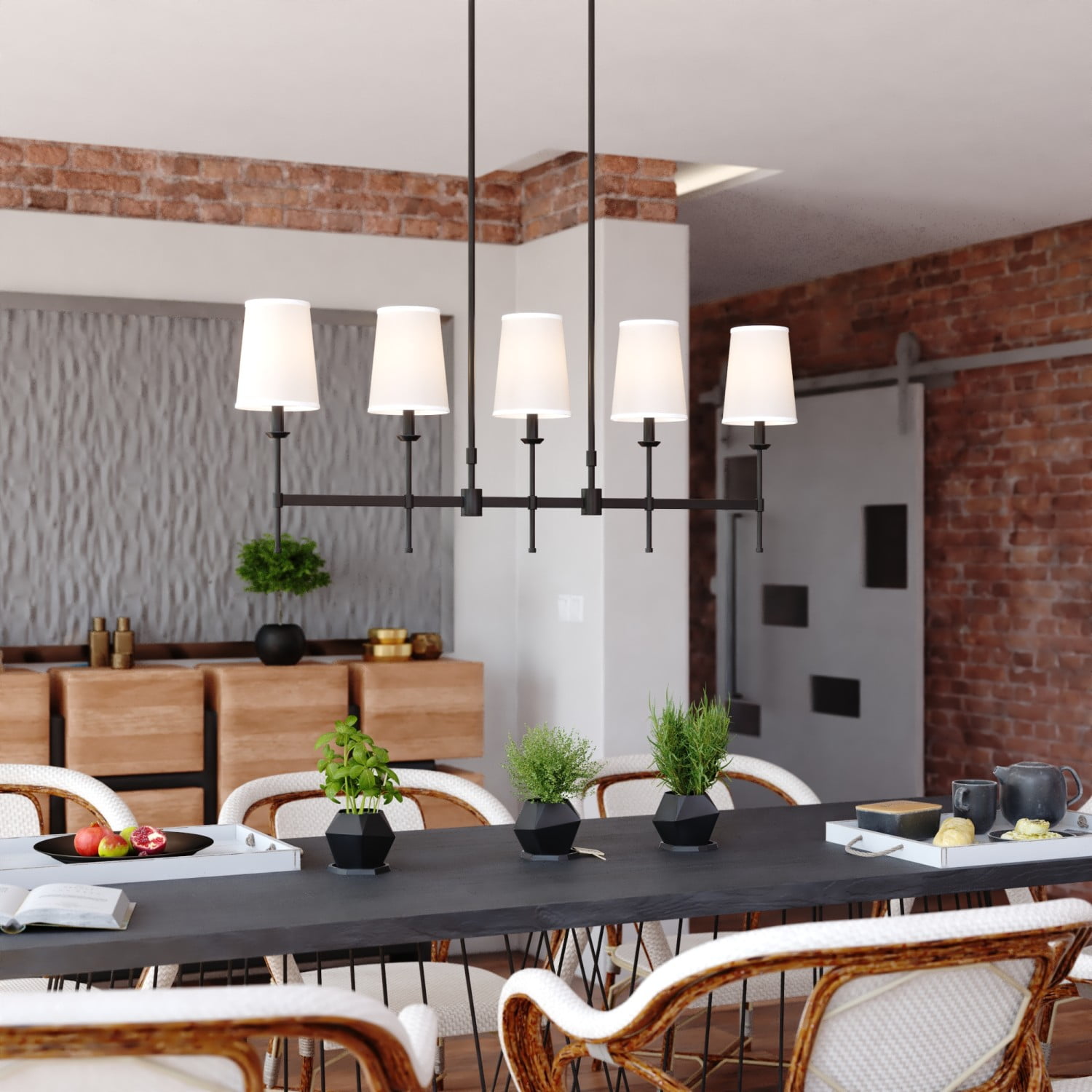Camden 5 Light Matte Black Linear Chandelier Island Pendant Fixture White Fabric Shade, LED Compatible
