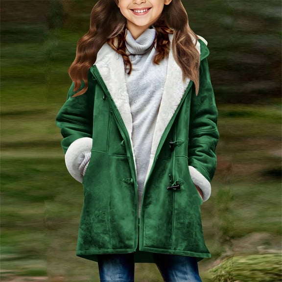 UQJfacai Girls Faux Suede Long Trench Coat Single Breasted Pea Coats Winter Jackets Sherpa Lined Hooded Overcoat Outerwear with Pocekts