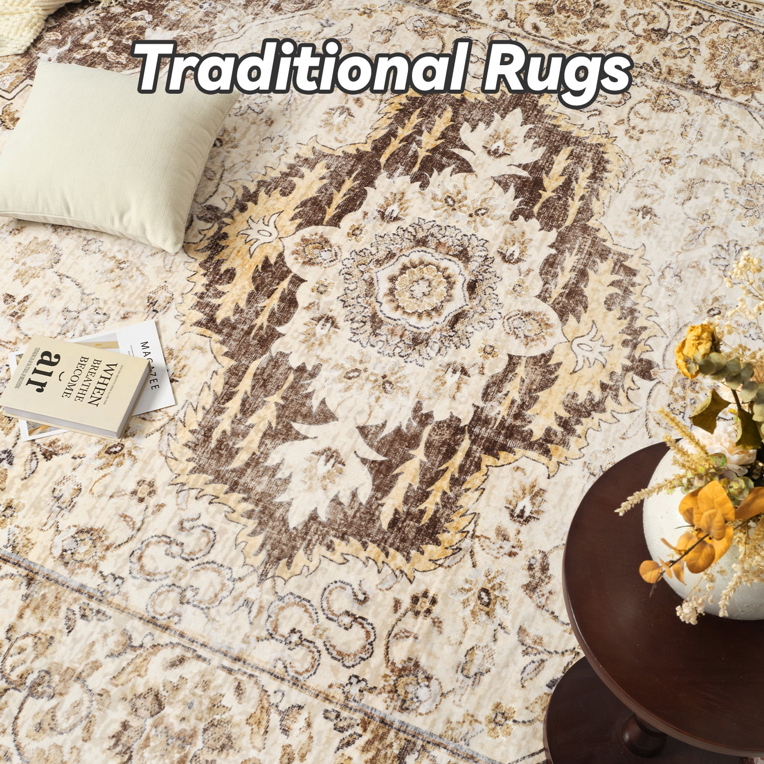 SIXHOME 9'x12' Area Rugs for Living Room Washable Traditional Brown Distressed Carpet Non Slip Ultra Soft Retro Floral Throw Indoor Rug for Bedroom Dinning Room Office Home