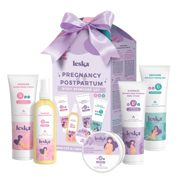 Leska Complete Maternity Set of 5 | Belly Lotion, Belly Oil, Stretch Mark Cream & Butter, Toning Gel | Pregnancy & Postpartum Skin Care System | New Mom Gift (4–4.93 oz each)