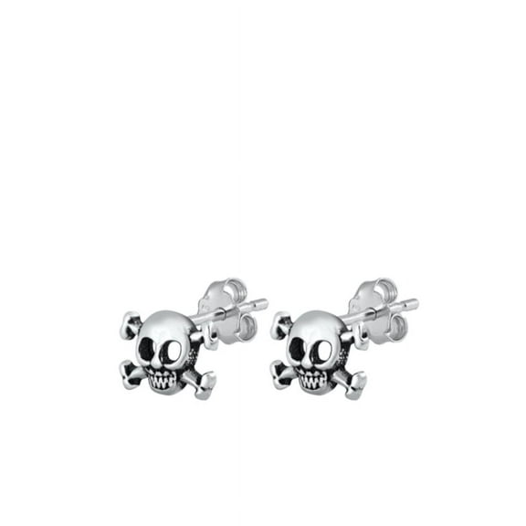Skull & Crossbones Stud Earrings, Sterling Silver 925, Jewelry With Gift Box