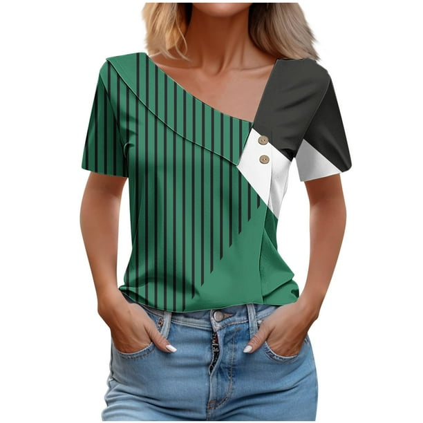 Tops de Algodón para Mujeres Cuello en V Casual de Manga Corta, Imitación Algodón Primavera Y Blusa de Verano