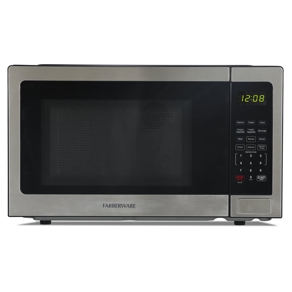Farberware 1.1 Cu. Ft. Countertop Microwave Oven – 1000W Power, Auto Cook Settings, Defrost, and Safety Lock – Stainless Steel