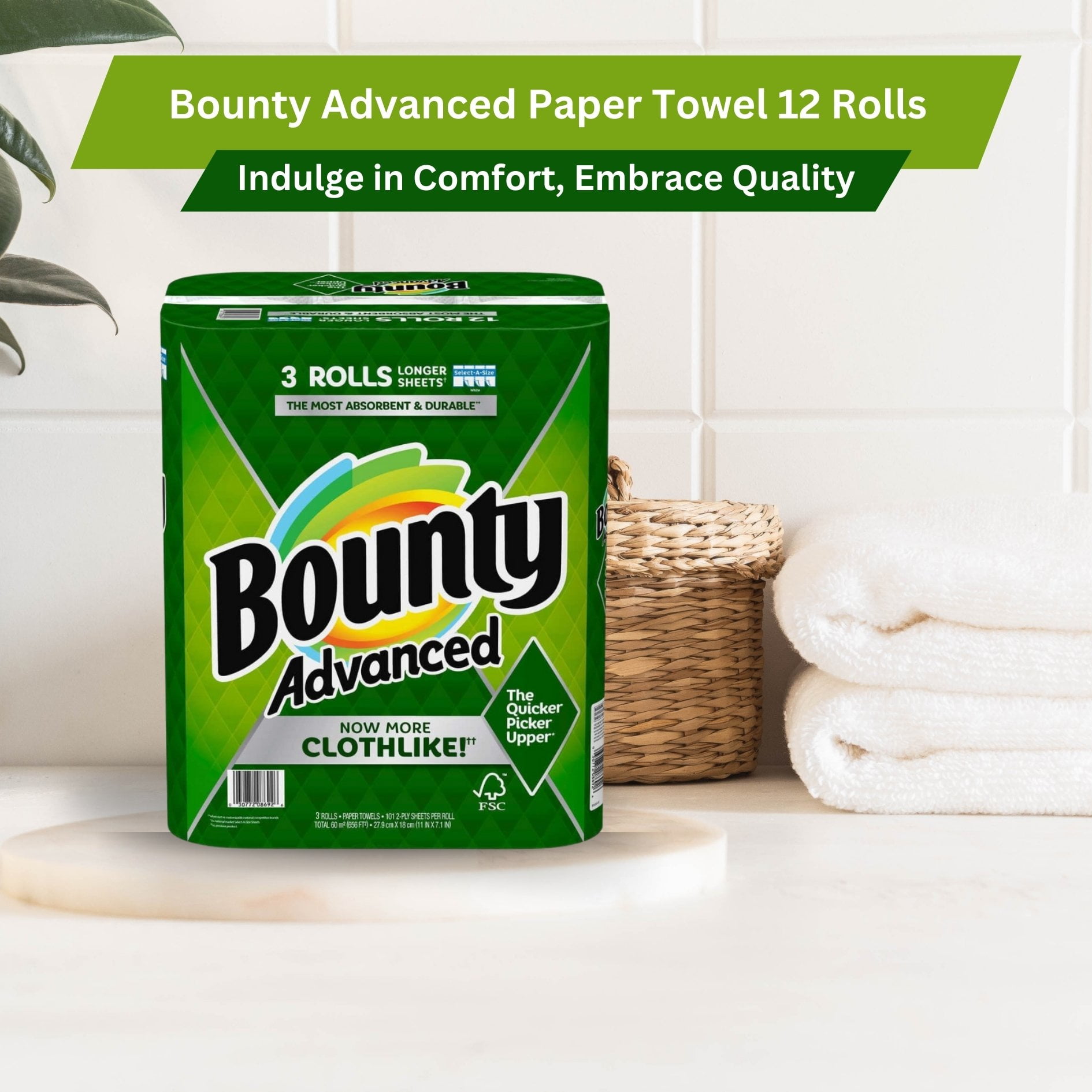 Bounty Advanced 2-Ply Paper Towel - Absorbent, Durable, and Clothlike - Select-A-Size - 3 Rolls