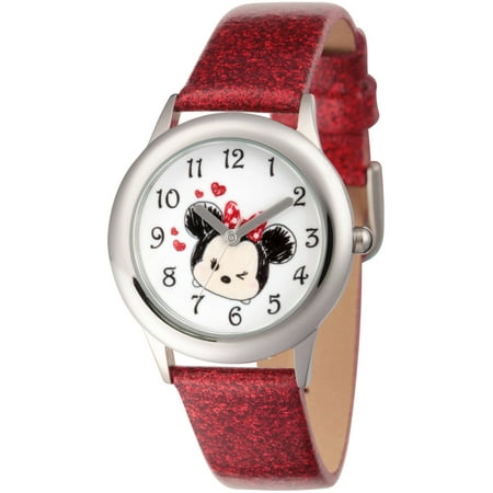 Disney Tsum Tsum Minnie Mouse Girls' Stainless Steel Time Teacher Watch, Red Glitter Strap