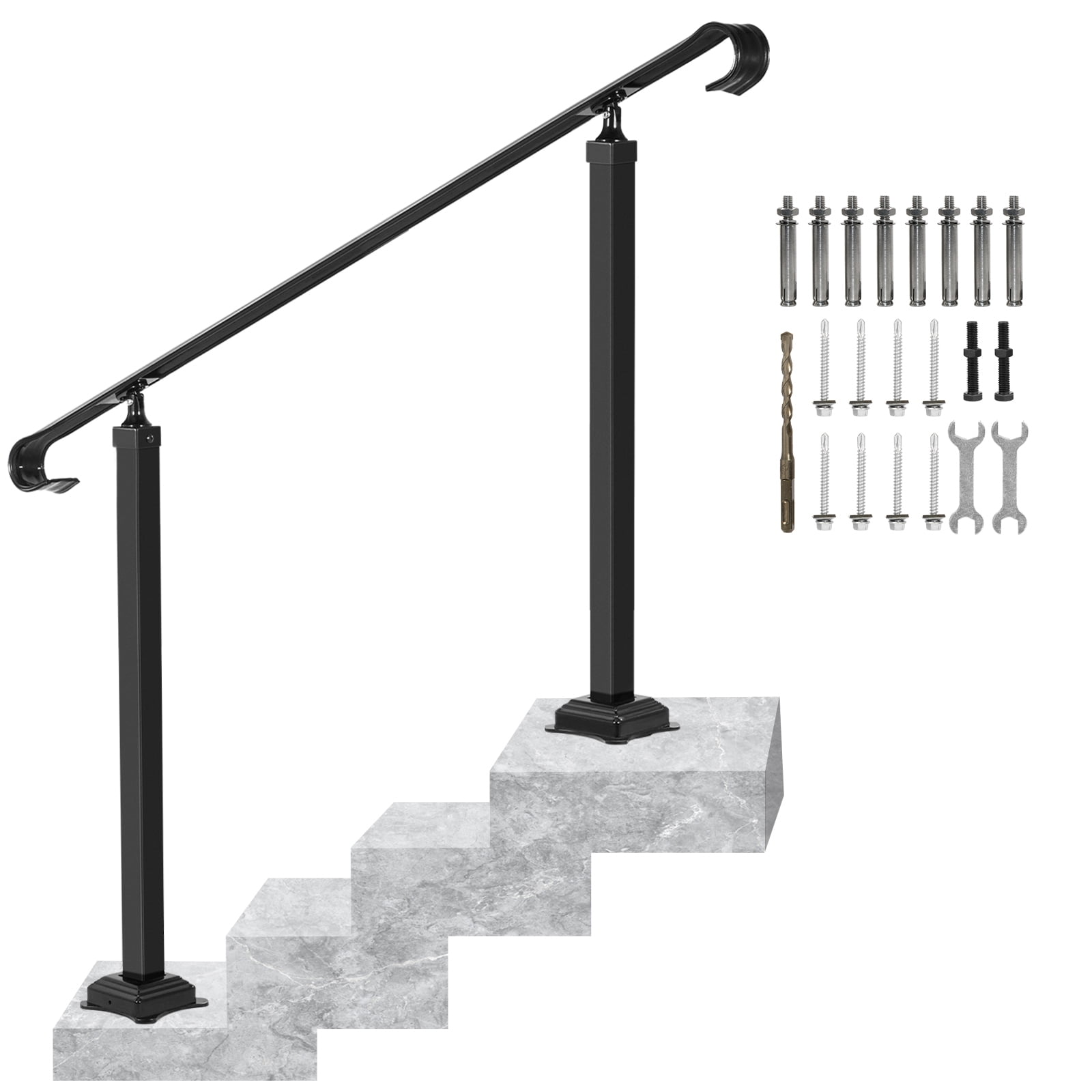 SKYSHALO Wrought Iron Handrail for 2 or 3 Step Outdoor Stair Railing, Adjustable Front Porch Handrail, Black Transition Handrail for Concrete Step or Wooden Staircase with Mounting Kit