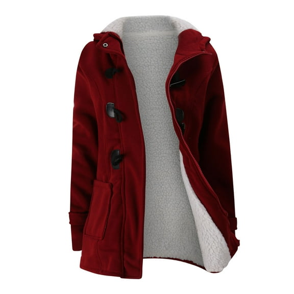 Ladies Winter Thicken Jacket with Sherpa Lined Hoodie Cotton Fleece Coat Zipper Horn Button Mid Length Overcoat