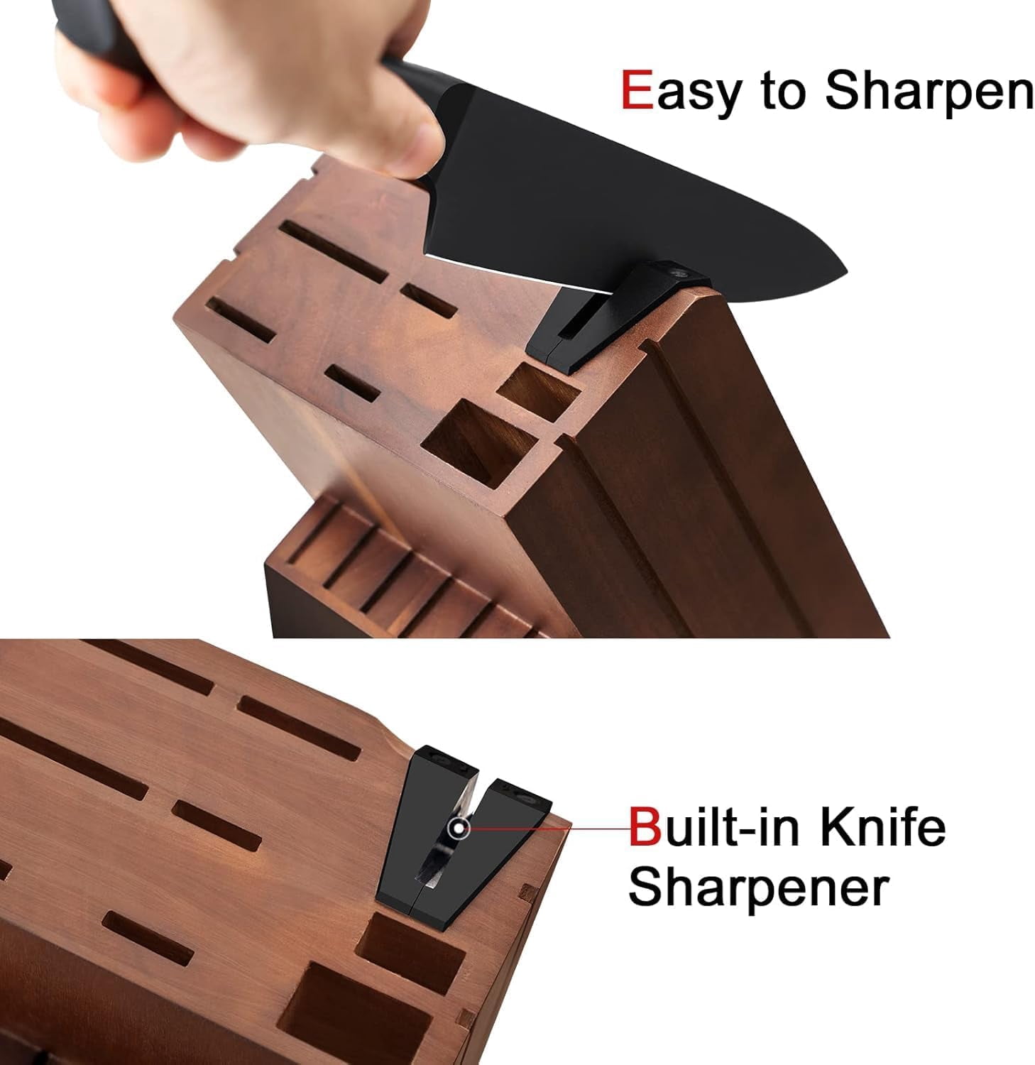 OOU Kitchen Knife Block Set - 15 Pieces High Carbon Stainless Steel Chef Knife Sets, Anti-Rust Black Knives Set with Built-in Sharpener Block, Walnut