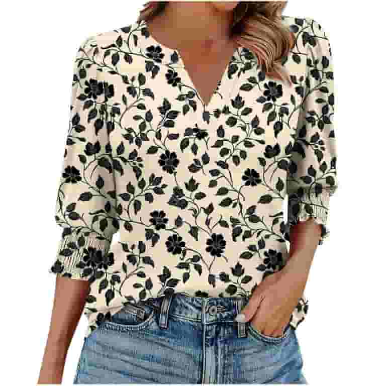 【Anyone more】Loop Cutout Warm Silt Tee Yteetum Women's T Shirts 3/4 Sleeve Top Casual Loose Fashion