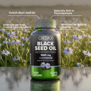 ORZAX 1000 mg Black Seed Oil Organic Cold Pressed Capsules with 20mg Thymoquinone for Immune Support, Good Hair, Skin, and Joints (60 Soft Gel Capsules)