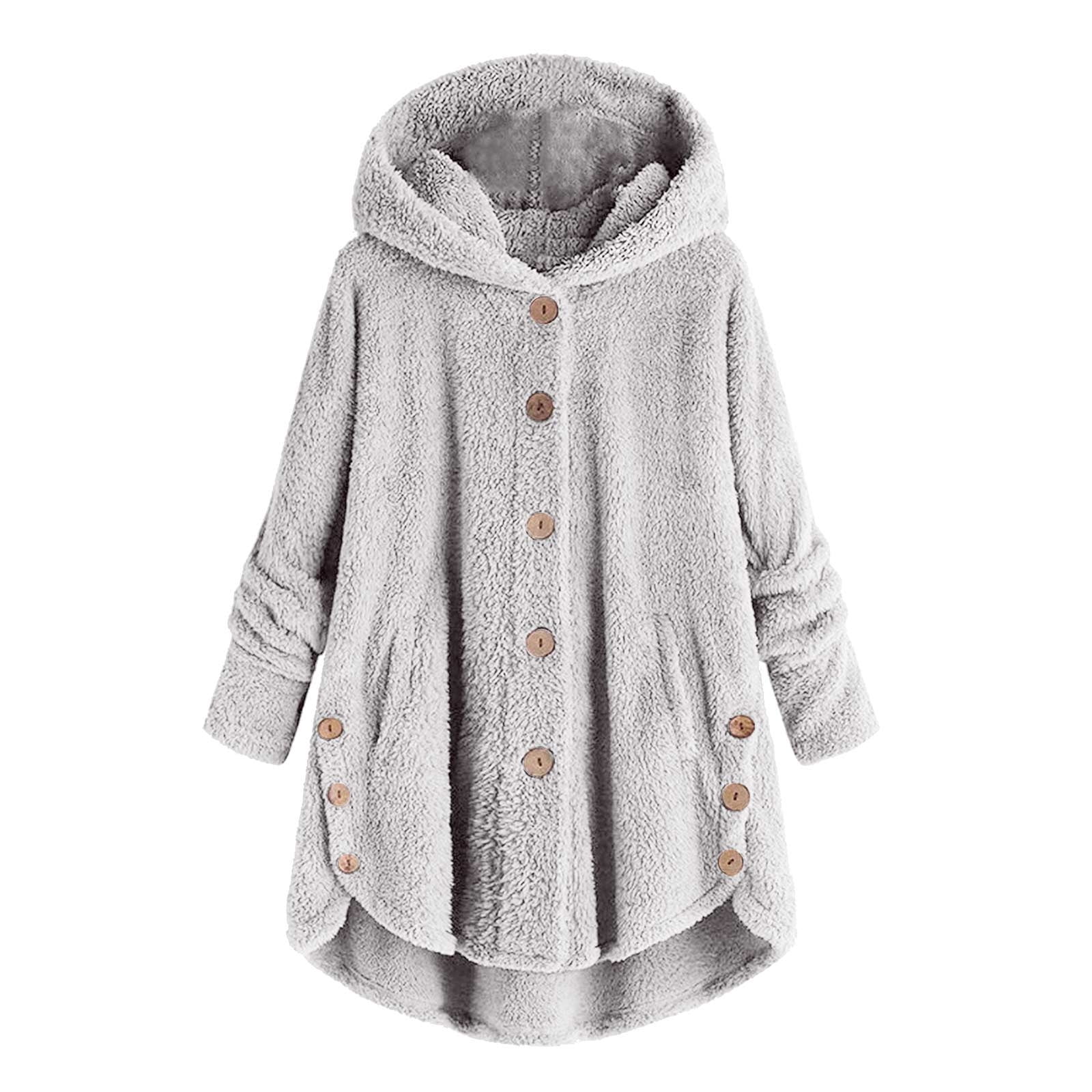 Womens Winter Coats Hooded Plus Size S-5X Fleece Button-Down Long Sleeve Jackets Ladies Casual Solid Soft High Low Hem Warm Outerwear Coat