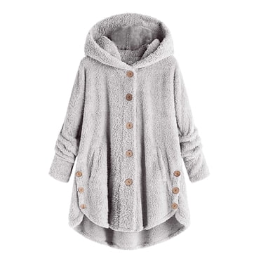 Button up Outerwear with Pockets in Clearance Womens Fuzzy Fleece Hoodies Oversized Cardigan Coat Soft Fall Jackets Button Down Sweatshirt Long Sleeve Hooded Coat with Pockets Gray 3XL New
