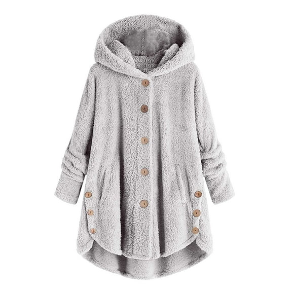 XFLWAM Hooded Sherpa Fuzzy Fleece Jackets for Women Button Down Long Cardigan Winter Coat Outwear with Pockets