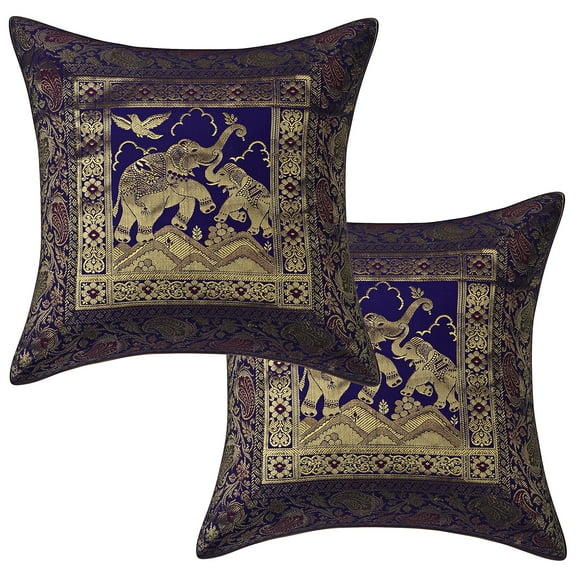 Stylo Culture Indian Settee Sofa Throw Pillow Covers Floral 16 x 16 Jacquard Purple Square 40 x 40 cm Home Decor Brocade Elephant Zippered Cushion Covers | Set Of 2