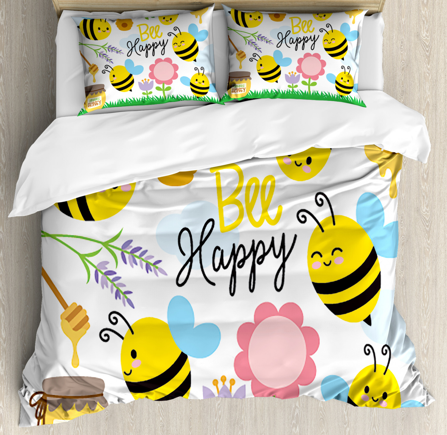 Honey Bee Duvet Cover Set, Cartoon Style Illustration of a Bee Happy