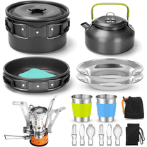 16pcs Camping Cookware Set with Folding Camping Stove, Non-Stick Lightweight Pot Pan Kettle Set with Stainless Steel Cups Plates Forks Knives Spoons for Camping Backpacking Outdoor Picnic