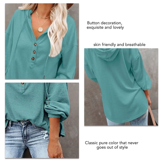 Tops De Manga Larga Con Cuello En V Tops De Manga Larga Casuales Para Mujer Blusa De Manga Larga Con Cuello En V Botón De Color Puro Casual Tops Con Capucha De Moda Para Mujer ANGGREK Otros