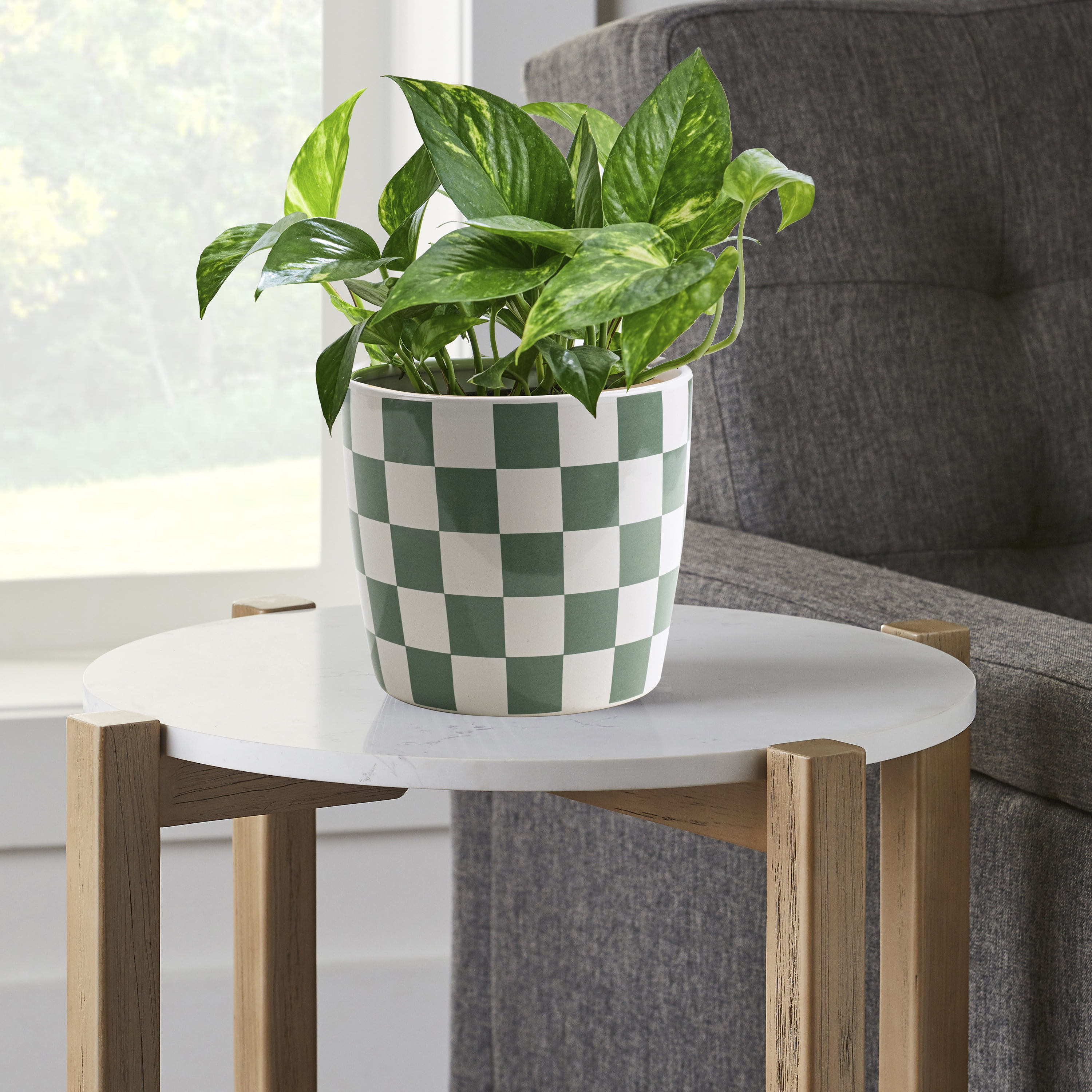 Mainstays 6 inch Green White Checkered Ceramic Planter