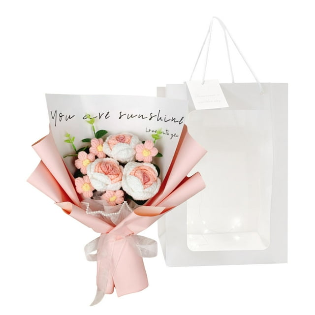 Ramo de flores de ganchillo, regalo de flores preservadas, flor tejida para el Día del Maestro Rosa