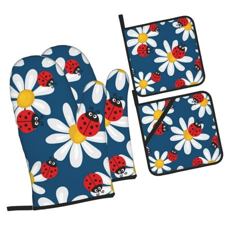

Haiem Daisies With Ladybugs Print Extra Long Oven Mitts and Pot Holders 4pc Sets: Heat Resistant Silicone Oven Mittens with Mini Oven Gloves and Hot Pads Potholders