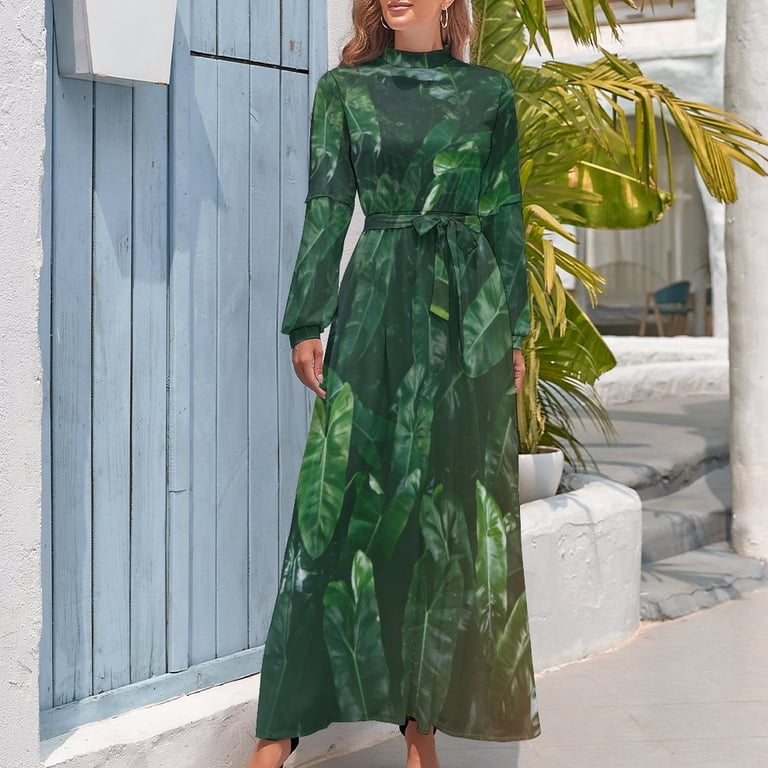 Tropical Leaves Dress Elegant Palm Leaf Print Stylish Boho Beach Dresses  Women Long Sleeve High Neck Sexy Long Maxi Dress - Walmart.com