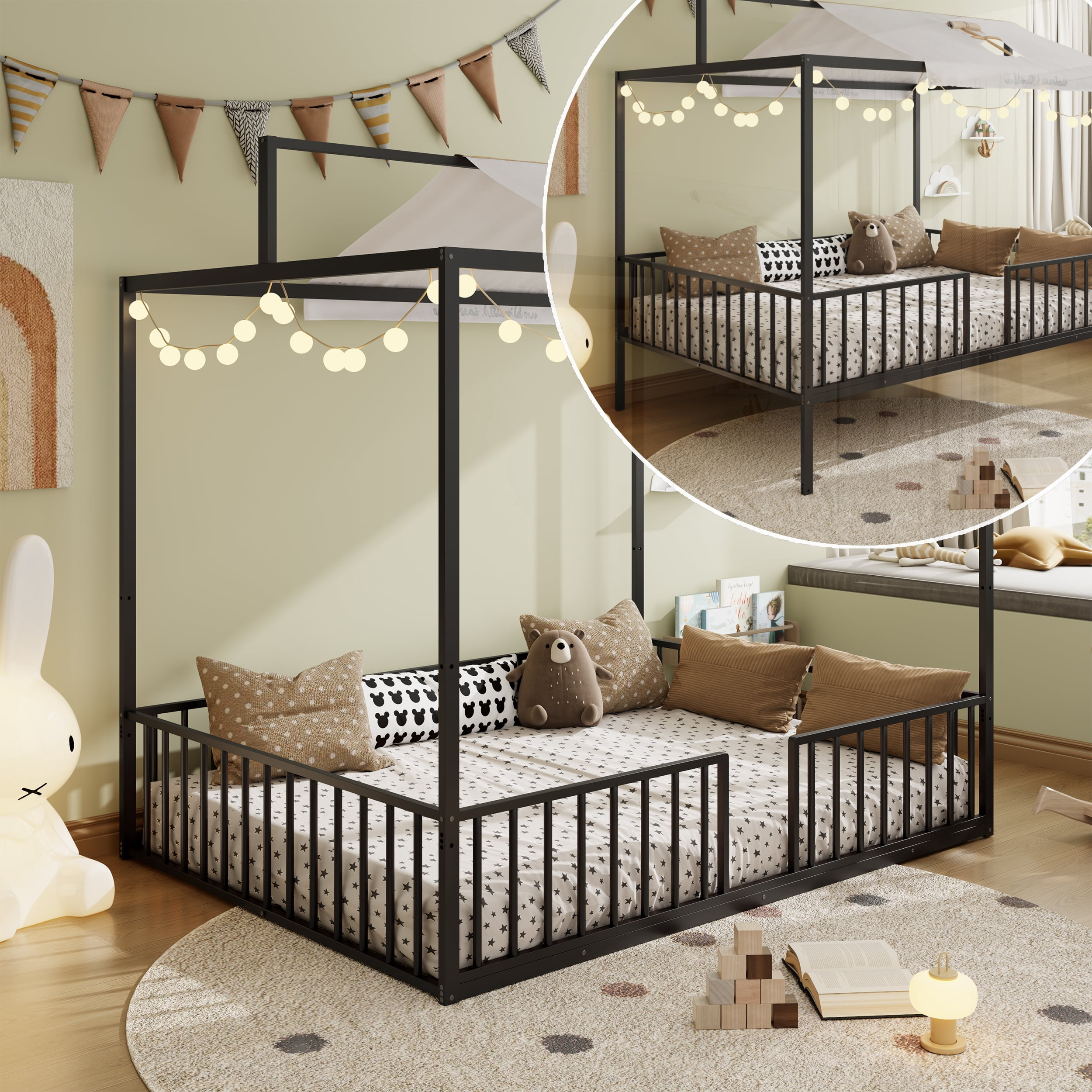 Euroco 3-in-1 Convertible Montessori Metal Bed, Toddler Bed, Floor Bed, Platform Bed,Modern Minimalist Design Canopy Bed Flame, Easy Assembly, Twin Size, Black