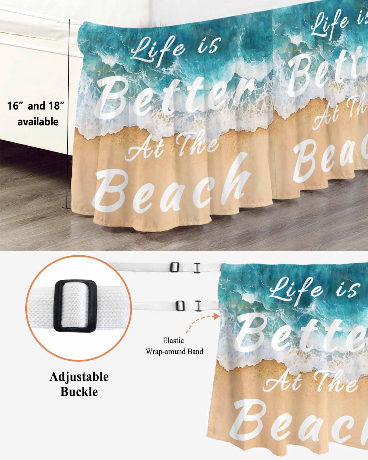 Summer Beach Blue Wrap Around Bed Skirts for Queen Bed 16" Drop, Bed Skirt with Adjustable Elastic Belt Dust Ruffle Bed Valance for Bedroom Hotel Luxury Life Is Better at The Beach Bed Frame Cover