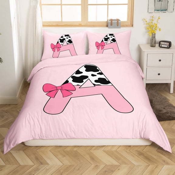 Erosebridal Initial Monogrammed Comforter Cover Twin,Bowknot Cow Print Bedding Twin Size,Microfiber Reversible Comforter Cover Twin,Kawaii Room Decorative,3-Piece(No Comforter)