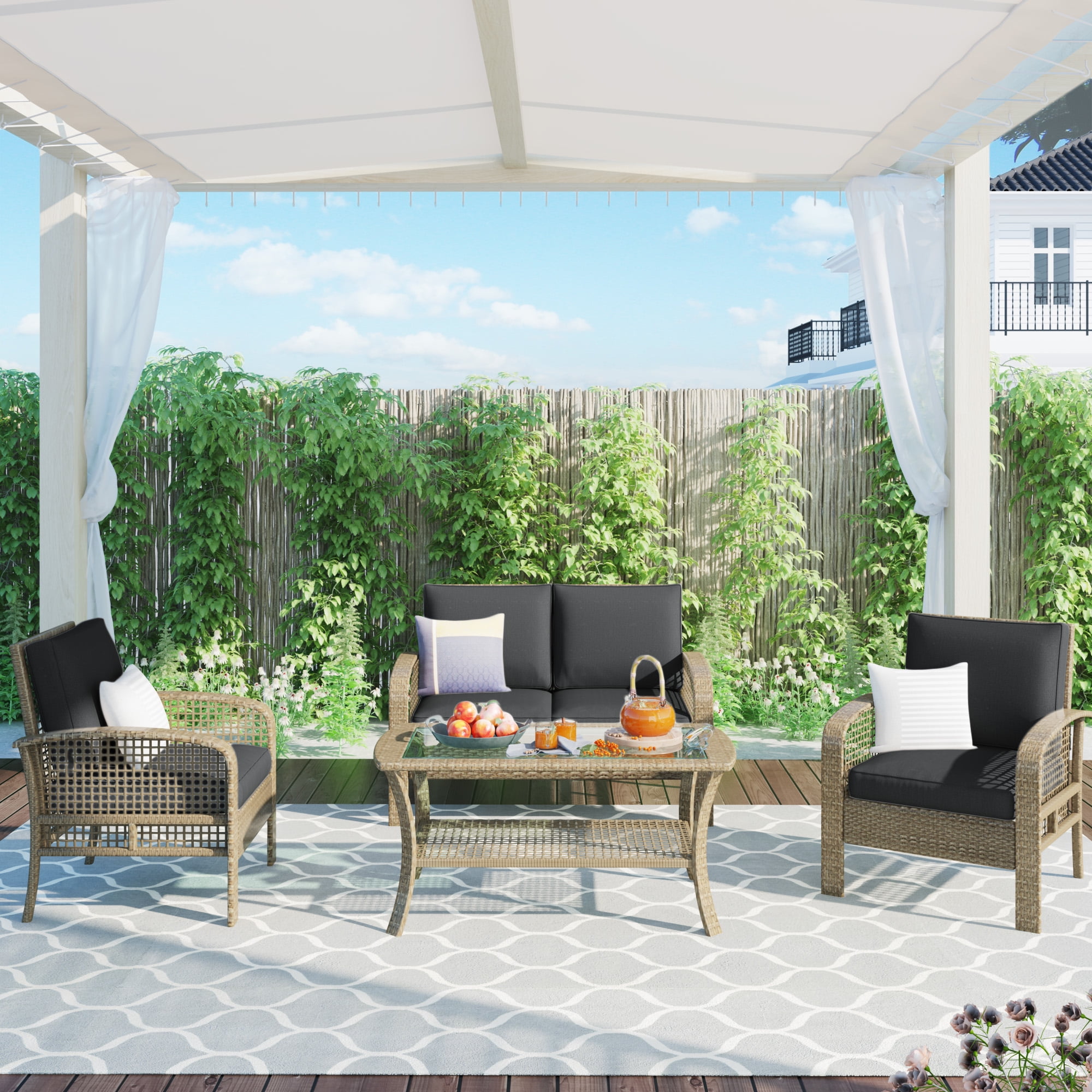 Outdoor Sofa Summer Poolside Wicker Sofa Set of 4, 4 PCs Deep Seating