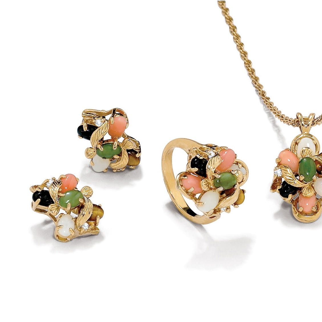 Genuine Coral, Opal, Jade, Onyx, Tiger's-Eye 14k Gold-Plated Necklace, Earrings and Ring Set by PalmBeach Jewelry