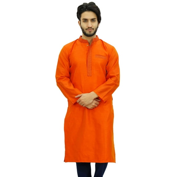 Atasi Men's Band Collor Orange Kurta Dupion Full Sleeve Ethnic Shirt-Large