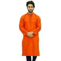Atasi Men's Band Collor Orange Kurta Dupion Full Sleeve Ethnic Shirt-Large