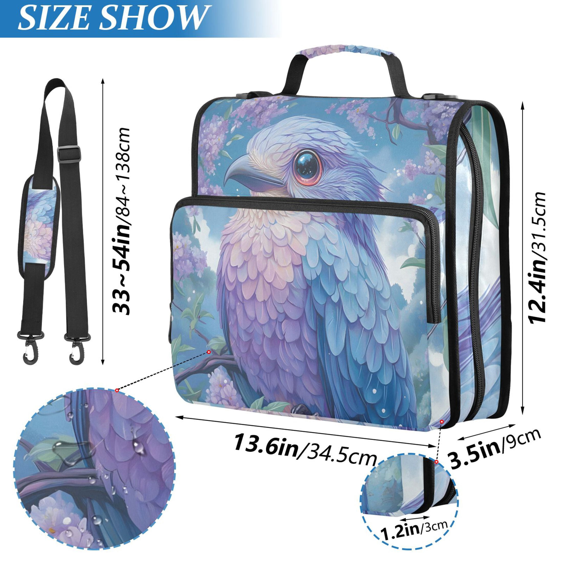 3 Ring Zipper Binder with Shoulder Strap Waterproof Trapper Keeper 2 Inch D-Ring 500 Sheets Capacity Blue Purple Bird and Flower